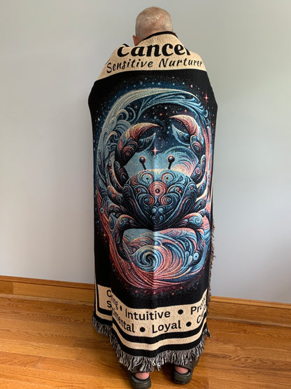 Cancer Zodiac Sign Heirloom Blanket Draped over man_Mister Obtuse