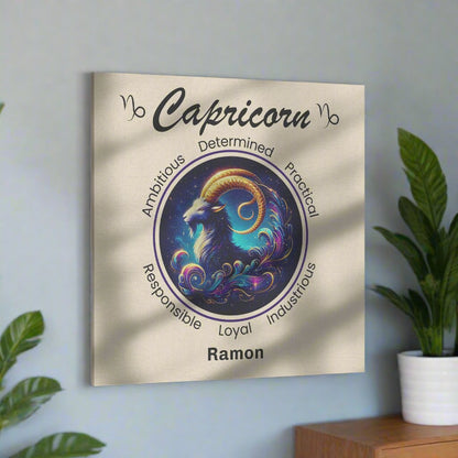 Capricorn Celestial Ambition Personalized Square Canvas Wrap on light blue wall with plants mister obtuse eclectic goods