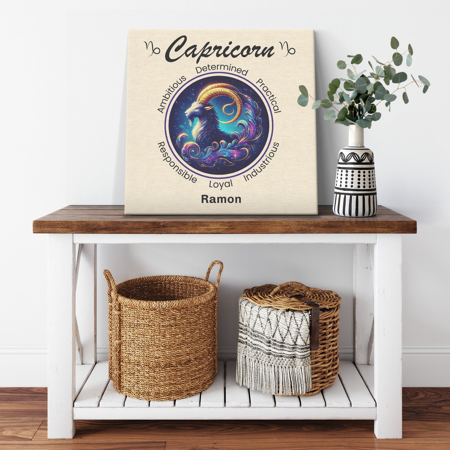 Capricorn Celestial Ambition Personalized Square Canvas Wrap on cabinet shelf with plant mister obtuse eclectic goods