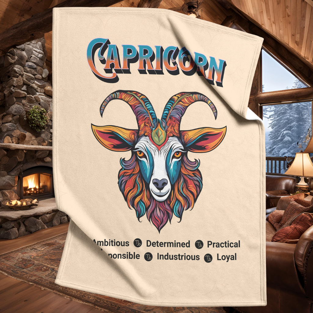 Capricorn Fleece or sherpa blanket inside cabin with fireplace mister obtuse eclectic goods
