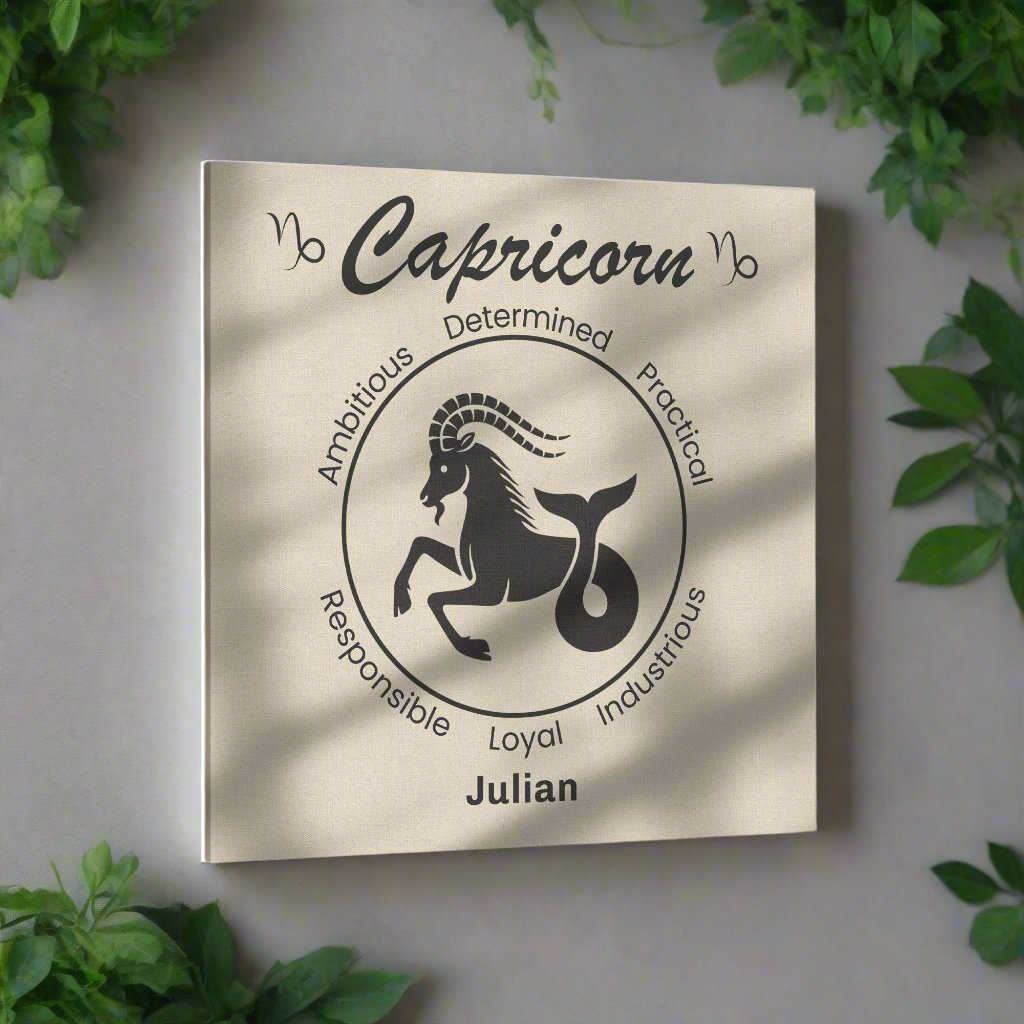 Capricorn Minimalist Personalized Square Canvas Wrap on light greyish blue wall with plants surrounding mister obtuse eclectic goods