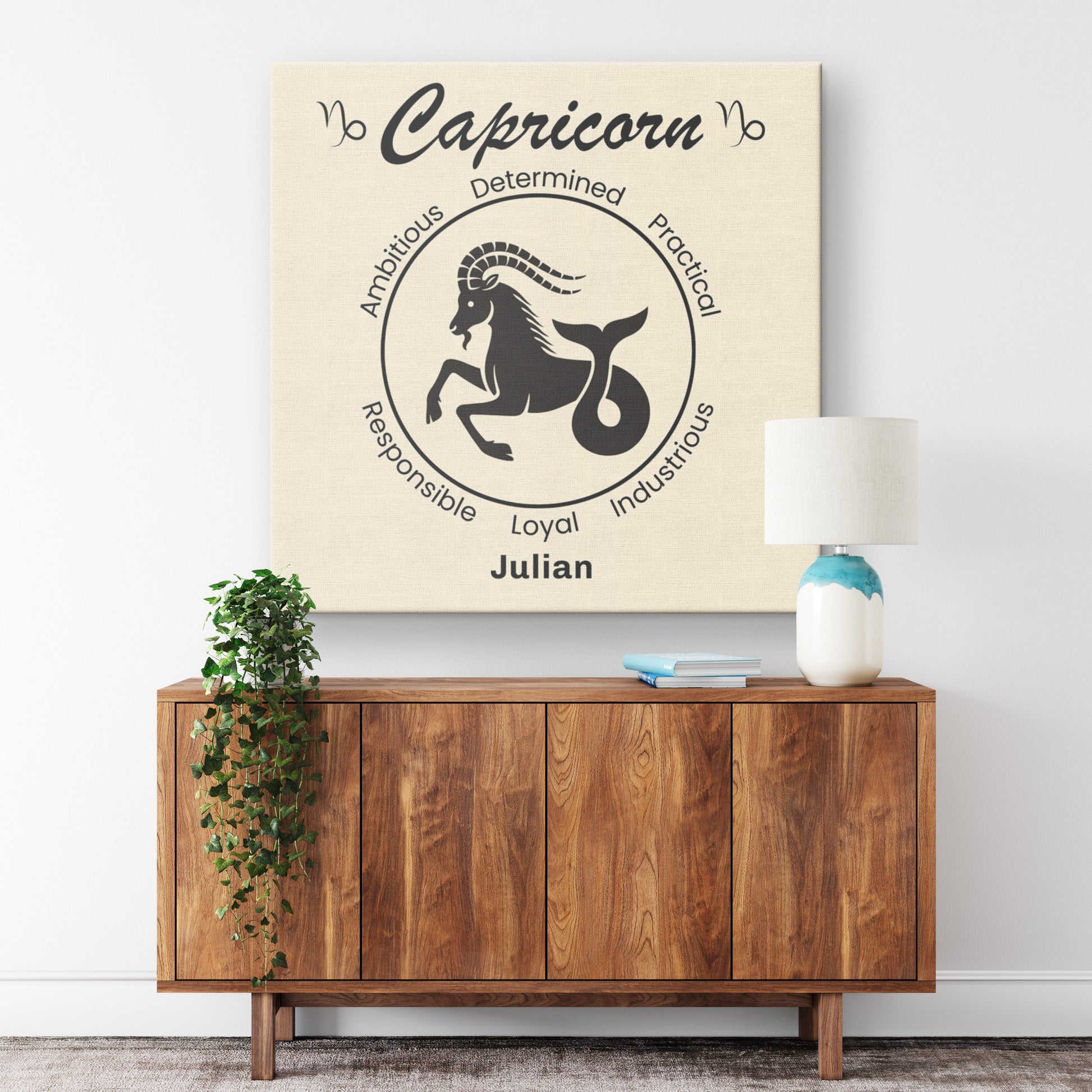 Capricorn Minimalist Personalized Square Canvas Wrap on wall above a cabinet mister obtuse eclectic goods