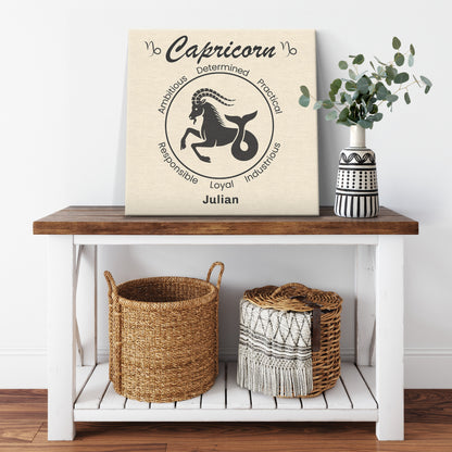 Capricorn Minimalist Personalized Square Canvas Wrap on cabinet shelf with plant mister obtuse eclectic goods