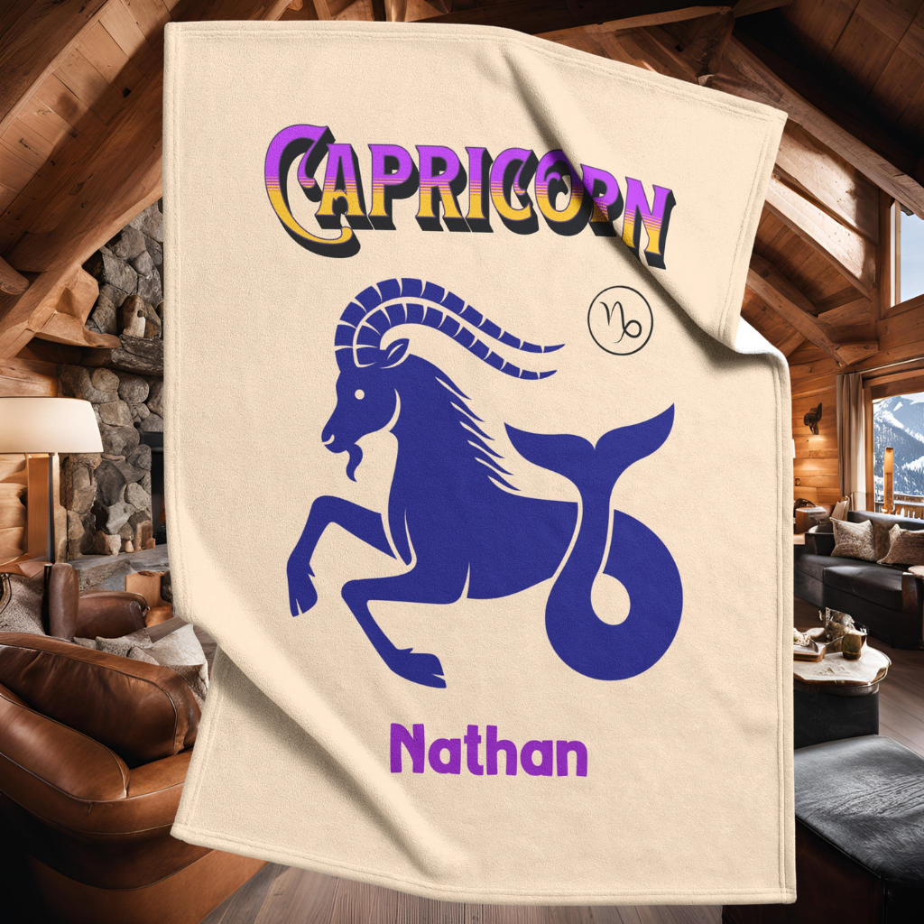 Capricorn Minimalist Personalized Fleece or Sherpa Blanket in a log cabin Mister Obtuse Eclectic Goods