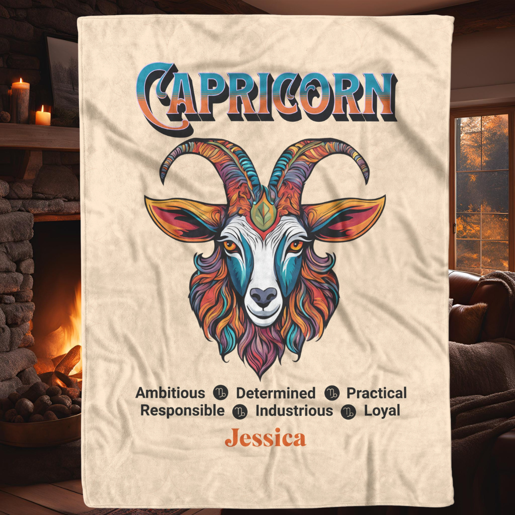 Capricorn Personalized Fleece or Sherpa Blanket in fireplace setting Mister Obtuse Eclectic Goods
