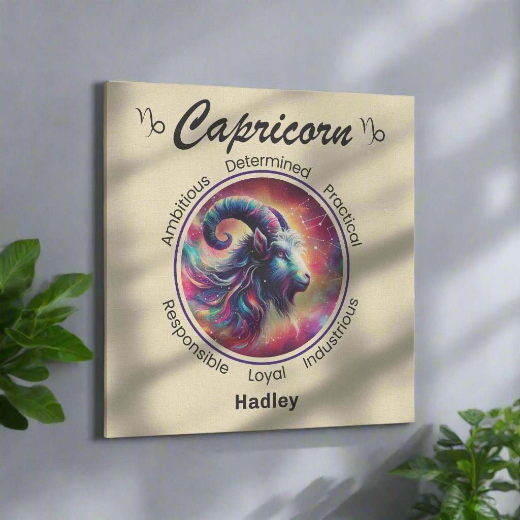 Capricorn Stardust Personalized Square Canvas Wrap on light blueish gray wall surrounded by plants mister obtuse eclectic goods