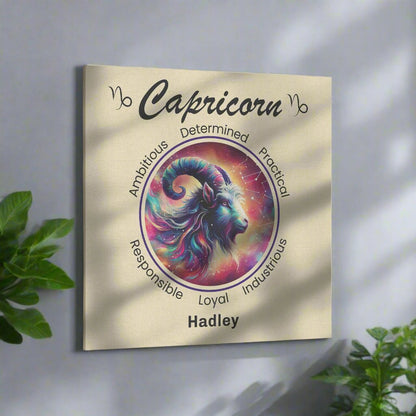 Capricorn Stardust Personalized Square Canvas Wrap on light blueish gray wall surrounded by plants mister obtuse eclectic goods