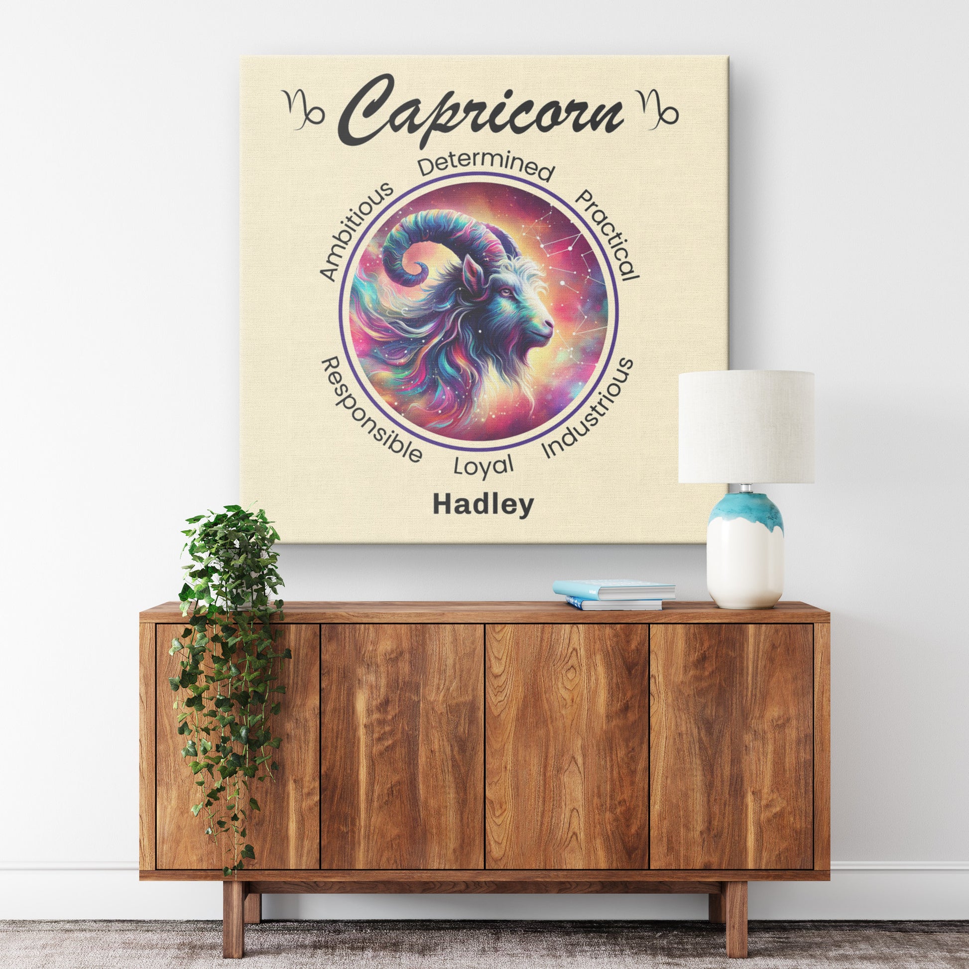 Capricorn Stardust Personalized Square Canvas Wrap on wall above cabinet mister obtuse eclectic goods