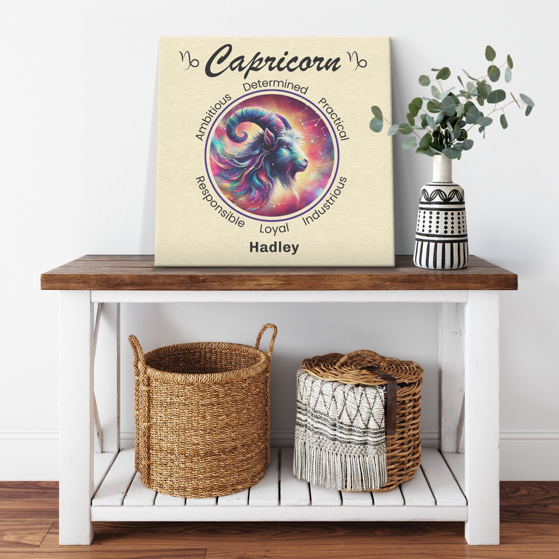 Capricorn Stardust Personalized Square Canvas Wrap on cabinet shelf with plant mister obtuse eclectic goods