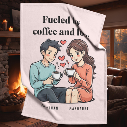Fueled by coffee and love fleece or sherpa personalized blanket living room setting mister obtuse eclectic goods