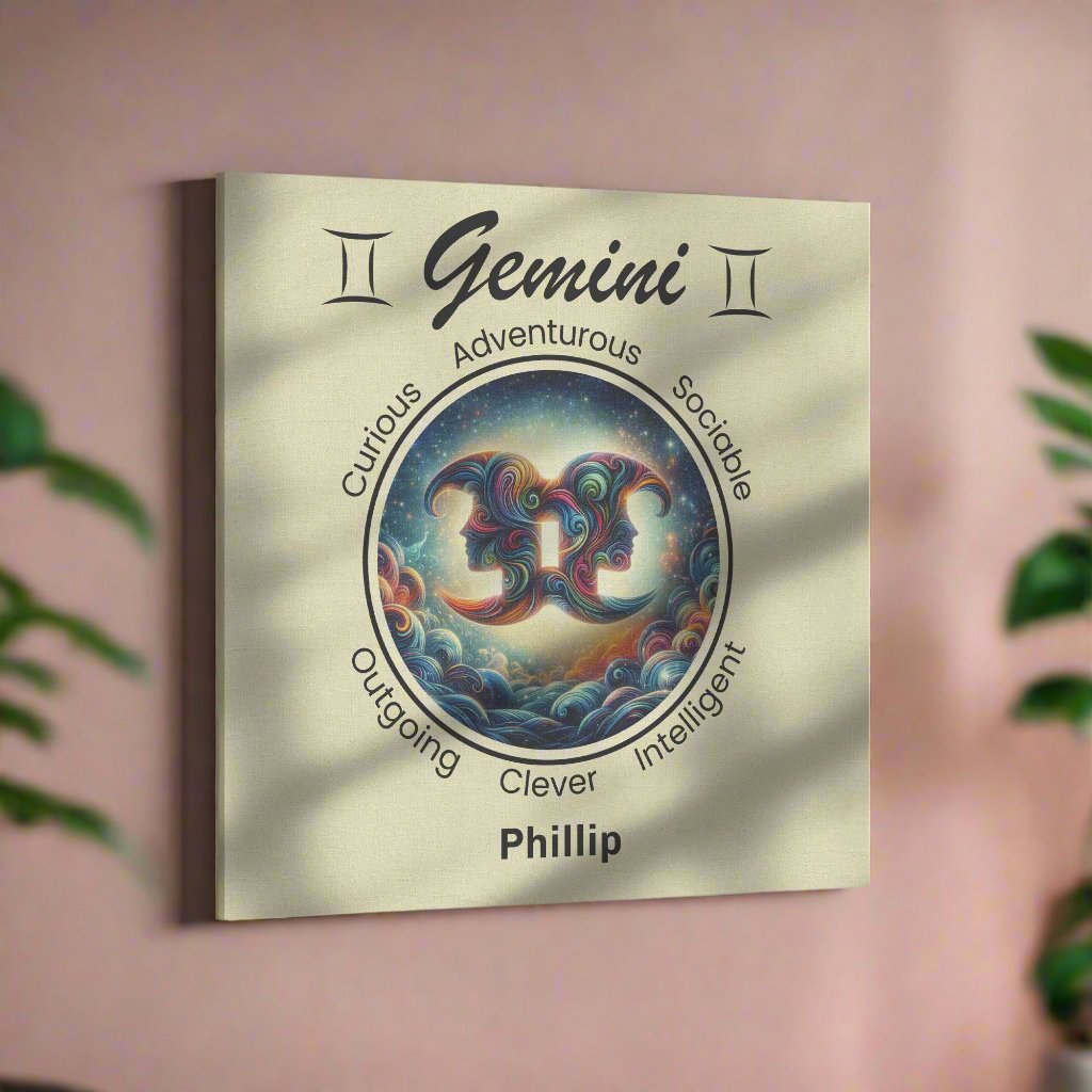 Gemini A Star Is Born Personalized Square Canvas Wrap hanging on light pink wall mister obtuse eclectic goods