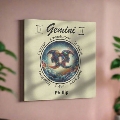 Gemini A Star Is Born Personalized Square Canvas Wrap hanging on light pink wall mister obtuse eclectic goods