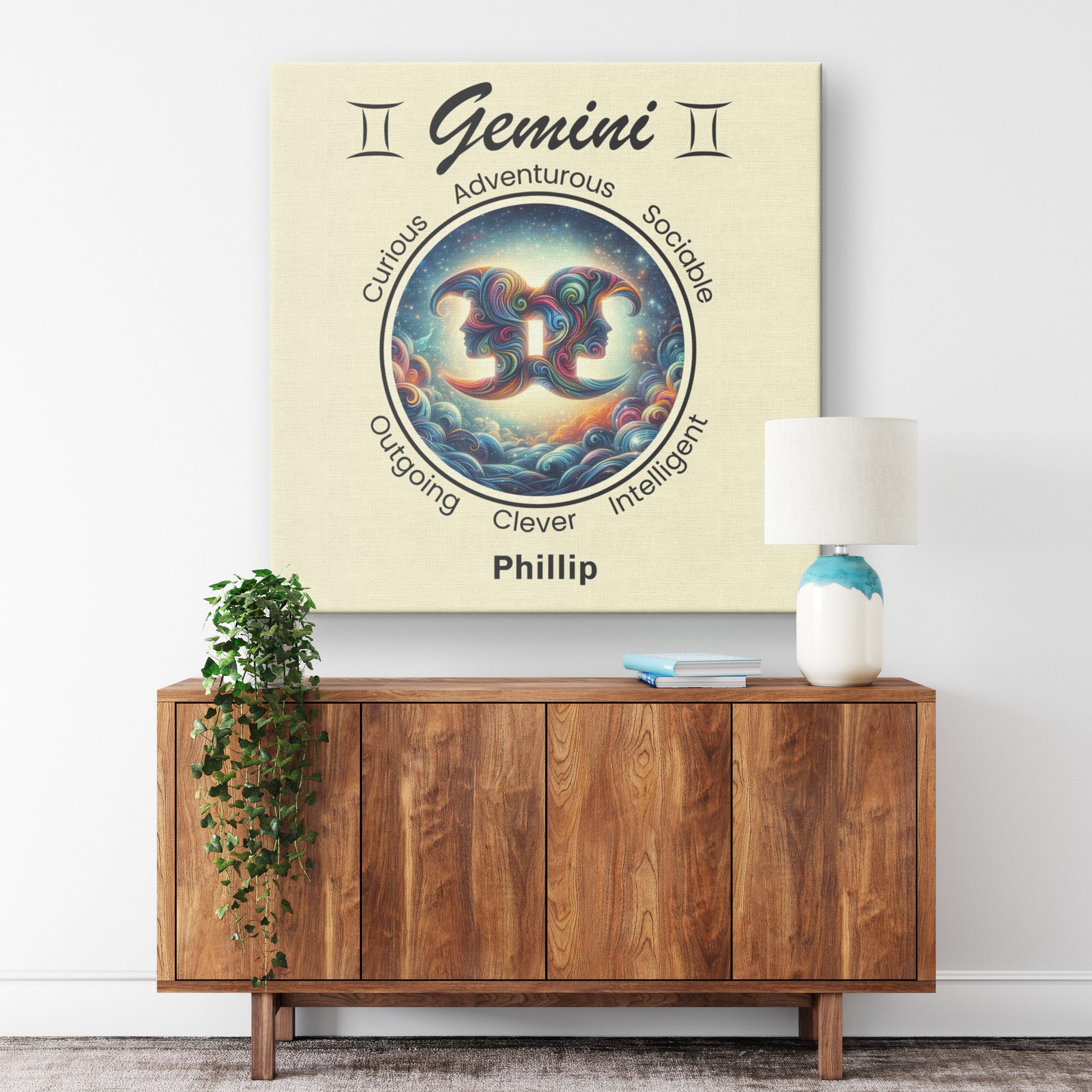 Gemini A Star Is Born Personalized Square Canvas Wrap hanging on wall above cabinet mister obtuse eclectic goods
