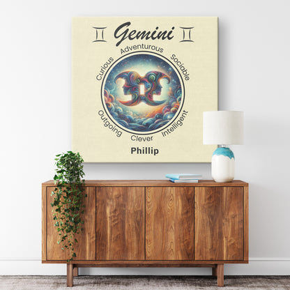 Gemini A Star Is Born Personalized Square Canvas Wrap hanging on wall above cabinet mister obtuse eclectic goods