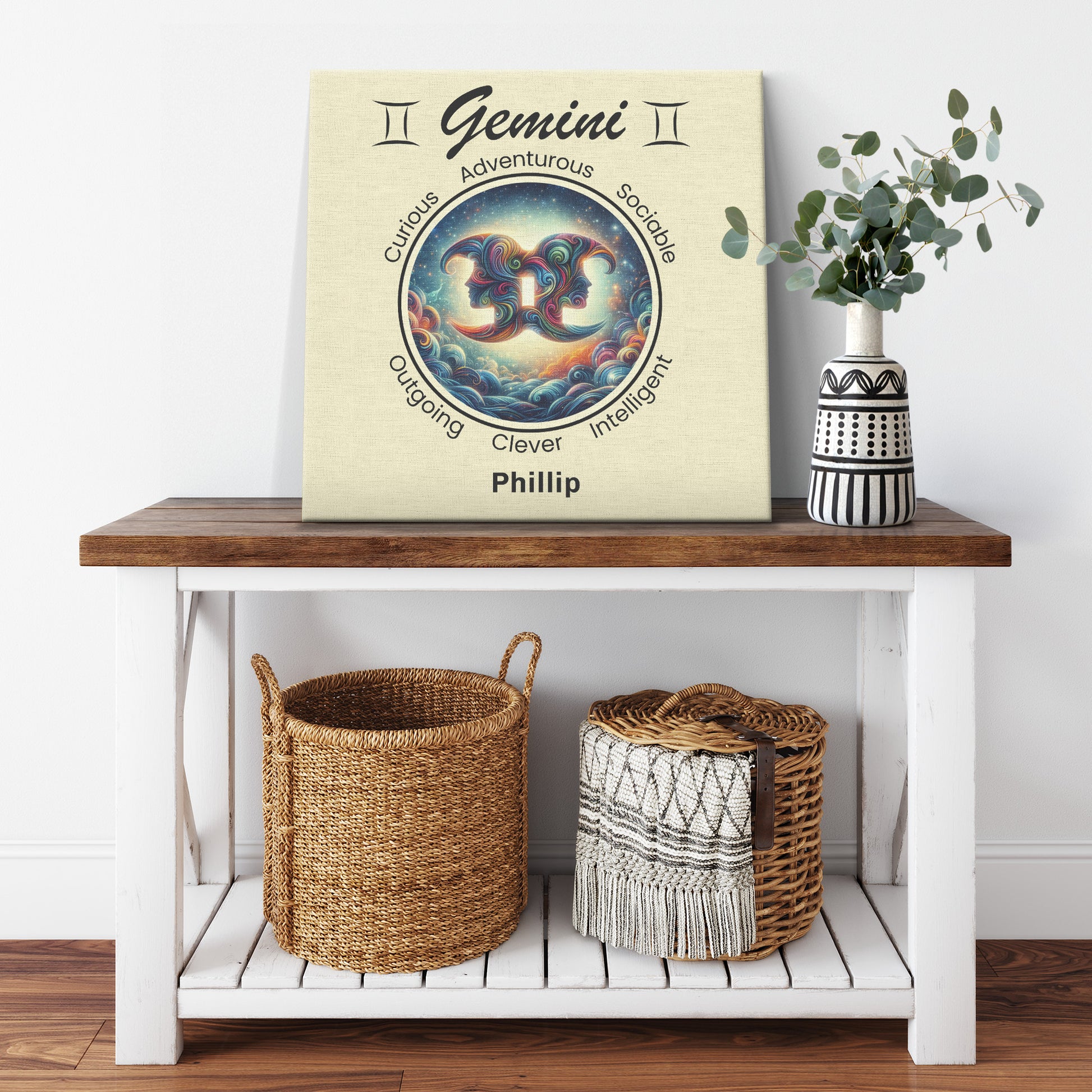 Gemini A Star Is Born Personalized Square Canvas Wrap resting on shelf with plant mister obtuse eclectic goods