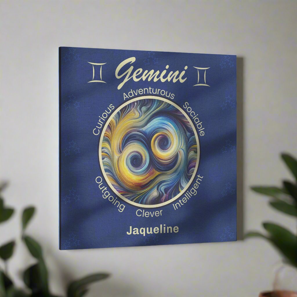 Gemini abstract Personalized Square Canvas Wrap hanging on wall surrounded by plants mister obtuse eclectic goods