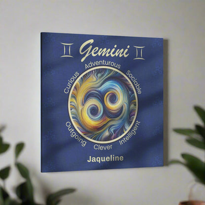 Gemini abstract Personalized Square Canvas Wrap hanging on wall surrounded by plants mister obtuse eclectic goods