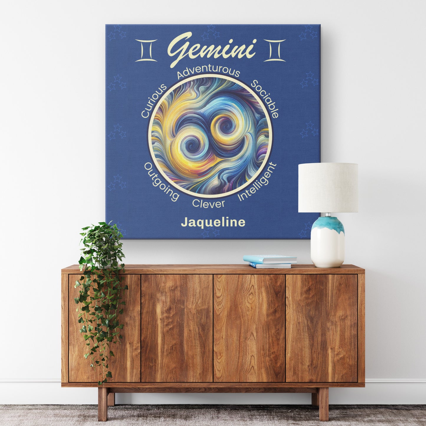 Gemini abstract Personalized Square Canvas Wrap hanging on wall above cabinet mister obtuse eclectic goods