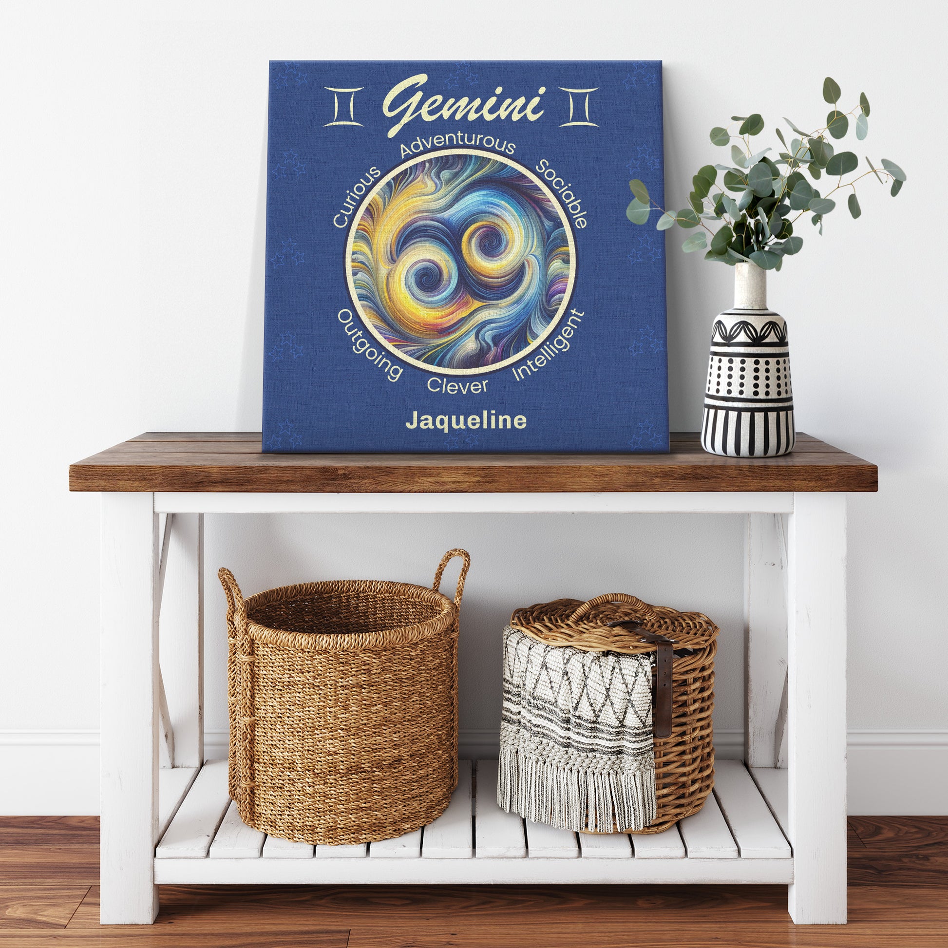 Gemini abstract Personalized Square Canvas Wrap resting on cabinet with plant mister obtuse eclectic goods