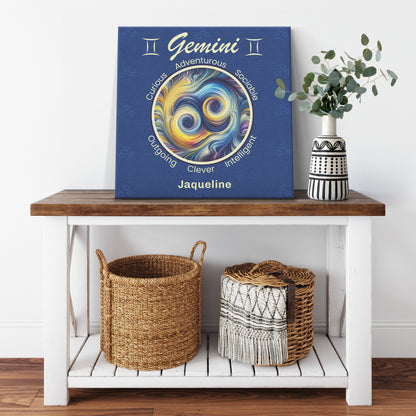 Gemini abstract Personalized Square Canvas Wrap resting on cabinet with plant mister obtuse eclectic goods