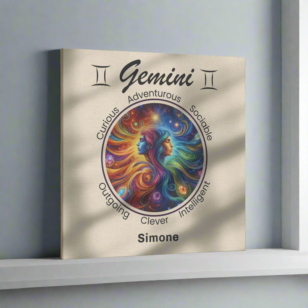 Gemini Double Trouble Personalized Square Canvas Wrap resting on shelf by window mister obtuse eclectic goods