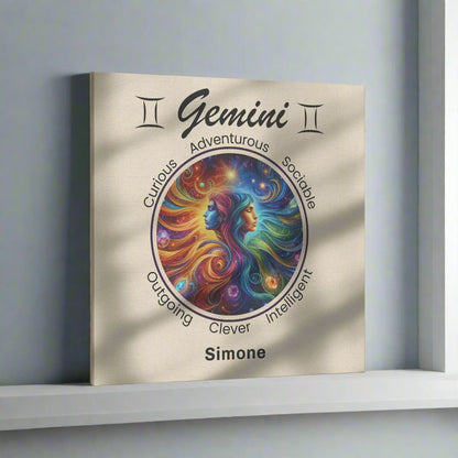 Gemini Double Trouble Personalized Square Canvas Wrap resting on shelf by window mister obtuse eclectic goods