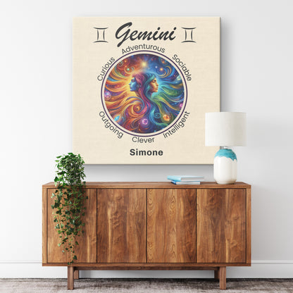 Gemini Double Trouble Personalized Square Canvas Wrap on wall above cabinet mister obtuse eclectic goods