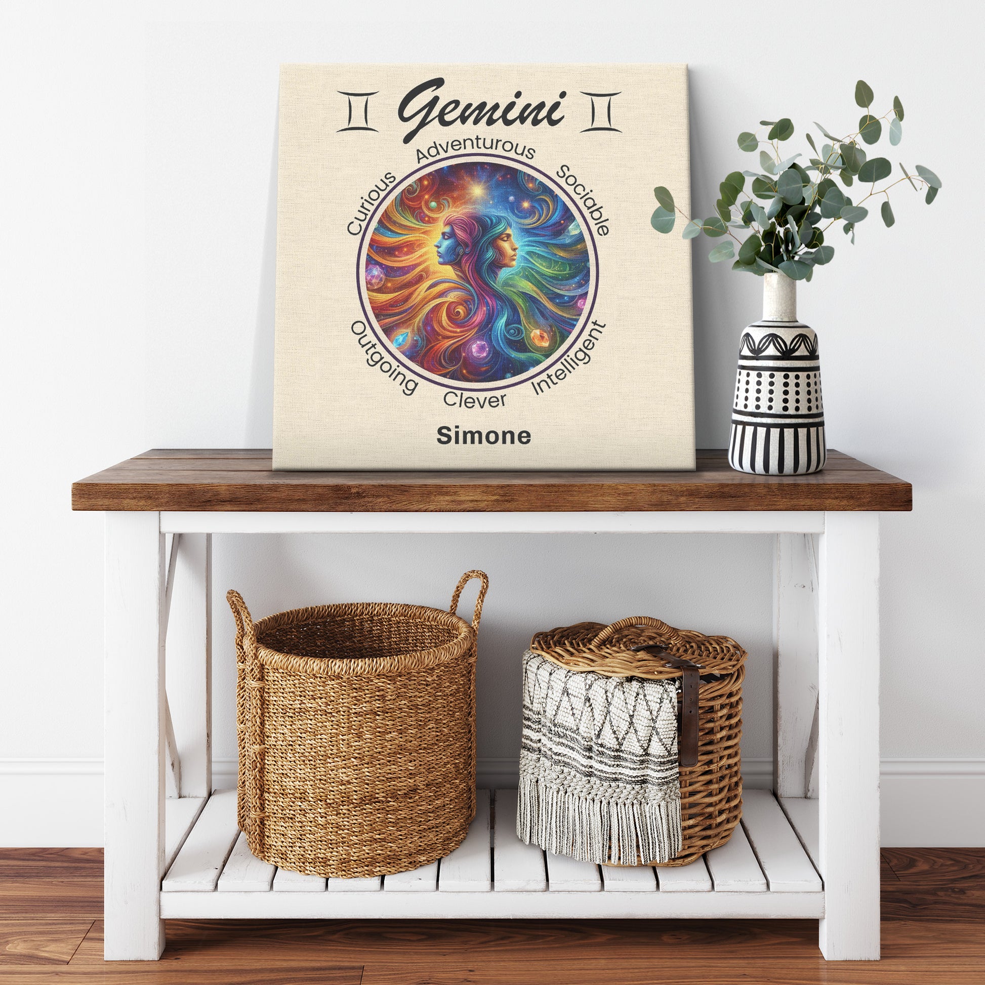 Gemini Double Trouble Personalized Square Canvas Wrap on cabinet with plant mister obtuse eclectic goods