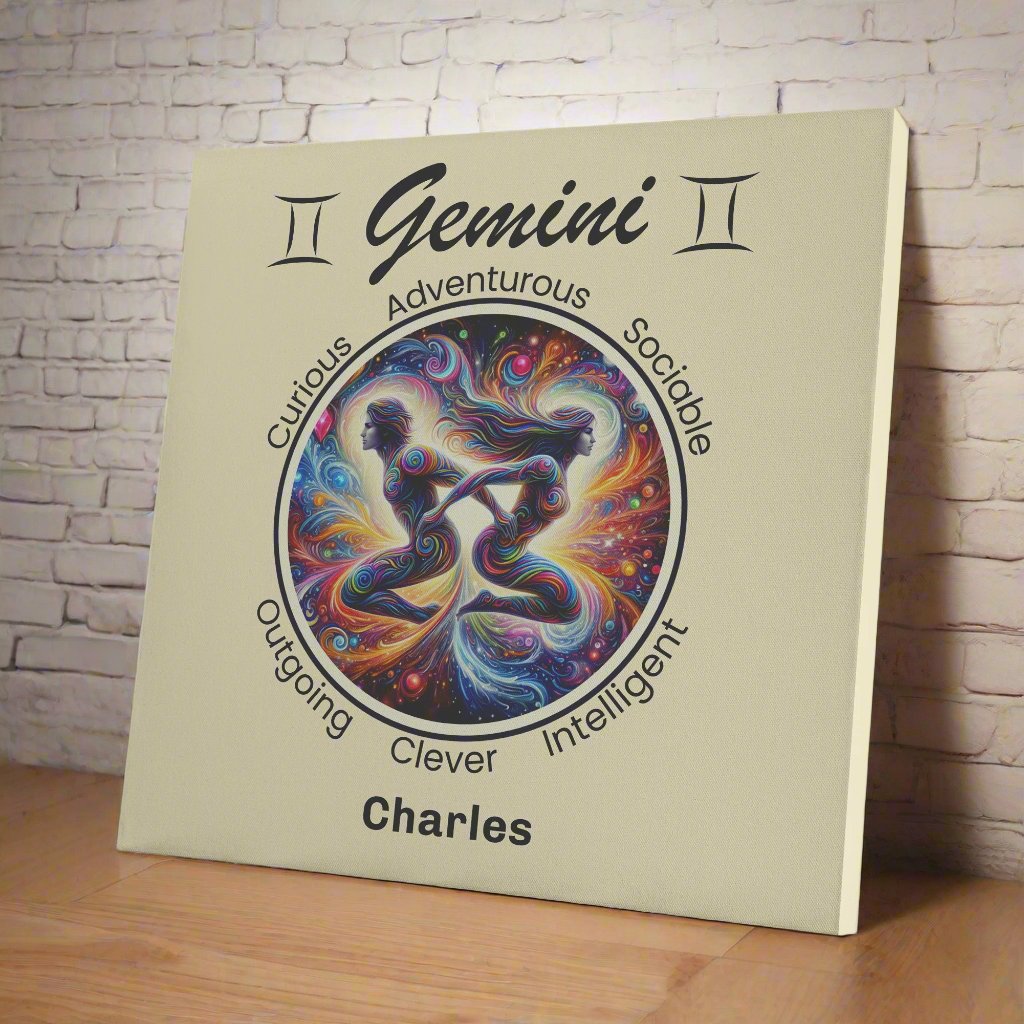 Gemini the best of both personalized square canvas wrap on wooden shelf with white brick wall mister obtuse eclectic goods