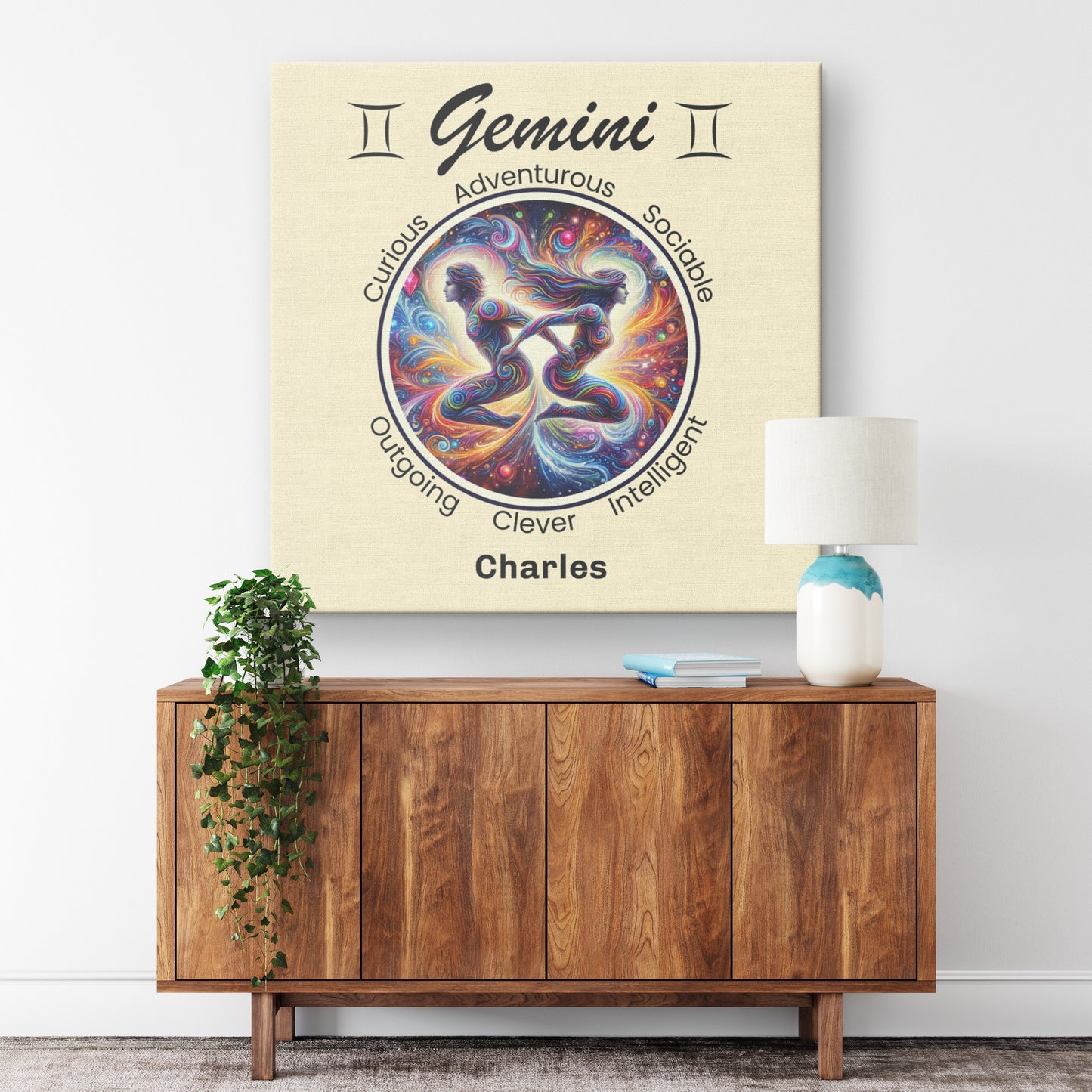 Gemini the best of both Personalized Square Canvas Wrap on wall above cabinet mister obtuse eclectic goods