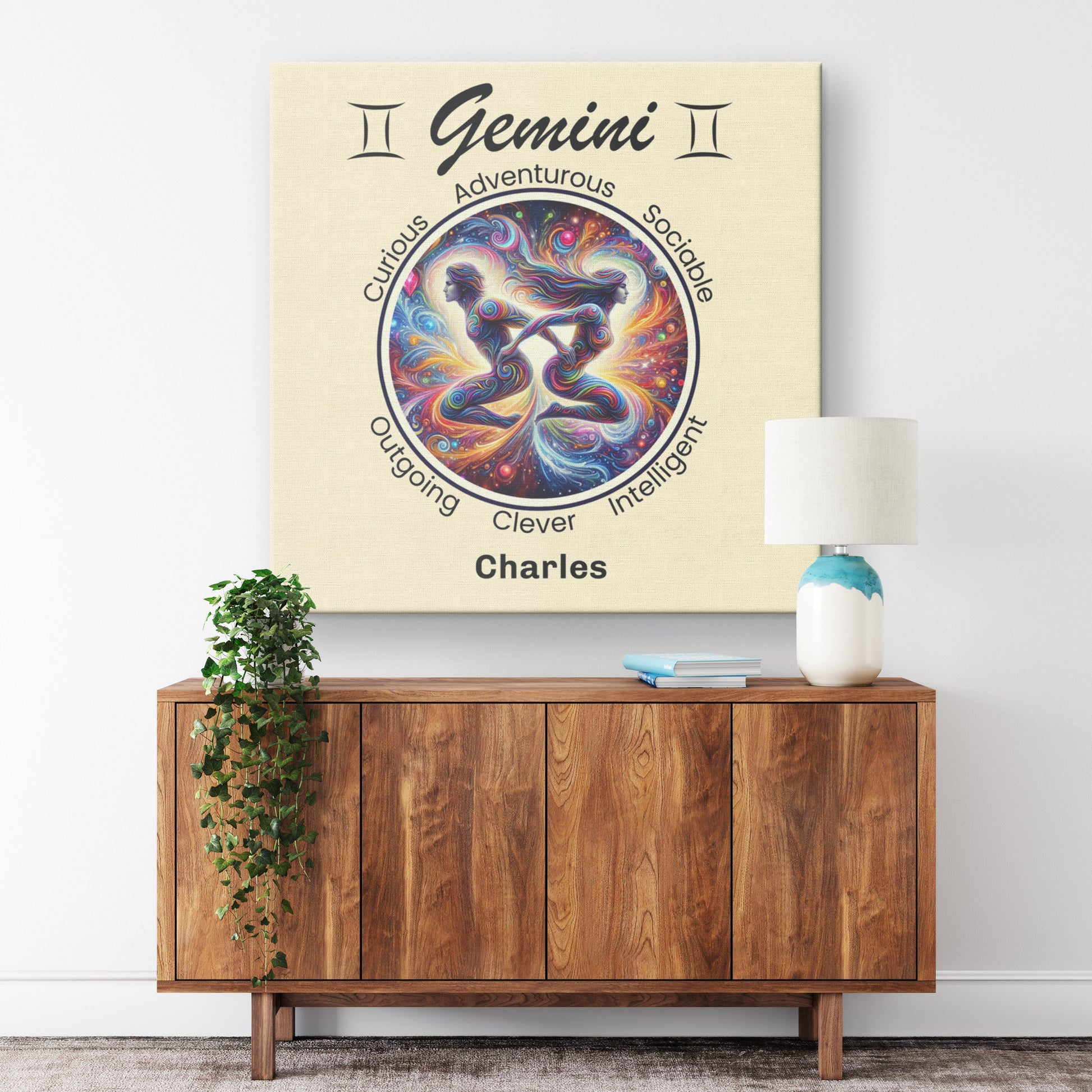 Gemini the best of both Personalized Square Canvas Wrap on wall above cabinet mister obtuse eclectic goods