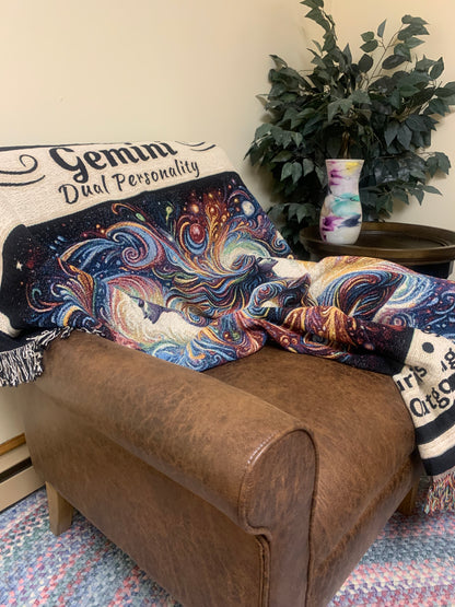 Gemini heirloom blanket on a chair side view mister obtuse mugs and stuff