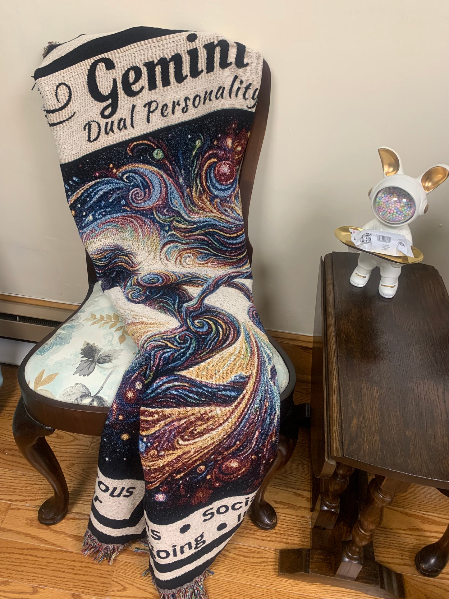 Gemini heirloom blanket over a sitting chair mister obtuse mugs and stuff