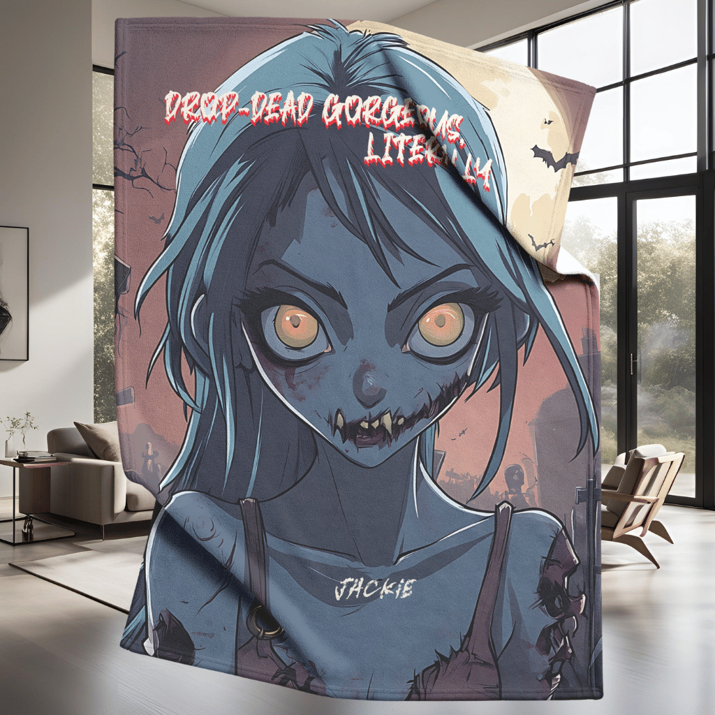 Gorgeous Zombie Personalized Fleece or sherpa blanket in living room setting mister obtuse eclectic goods