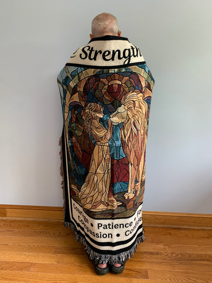 Strength Tarot Heirloom Blanket draped over man Mister Obtuse Eclectic Goods