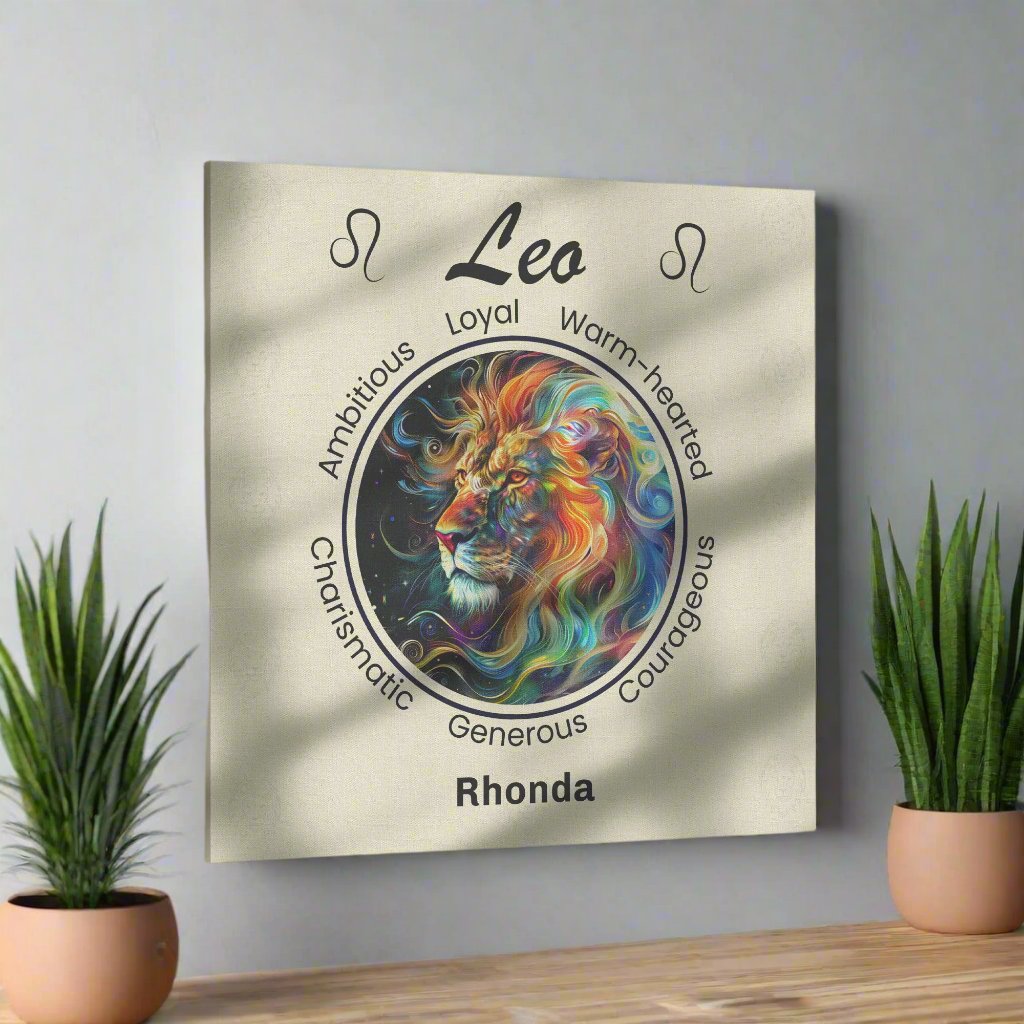 Leo Cosmic Power Personalized Square Canvas Wrap on wall with plants surrounding it mister obtuse eclectic goods