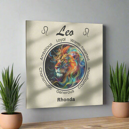 Leo Cosmic Power Personalized Square Canvas Wrap on wall with plants surrounding it mister obtuse eclectic goods