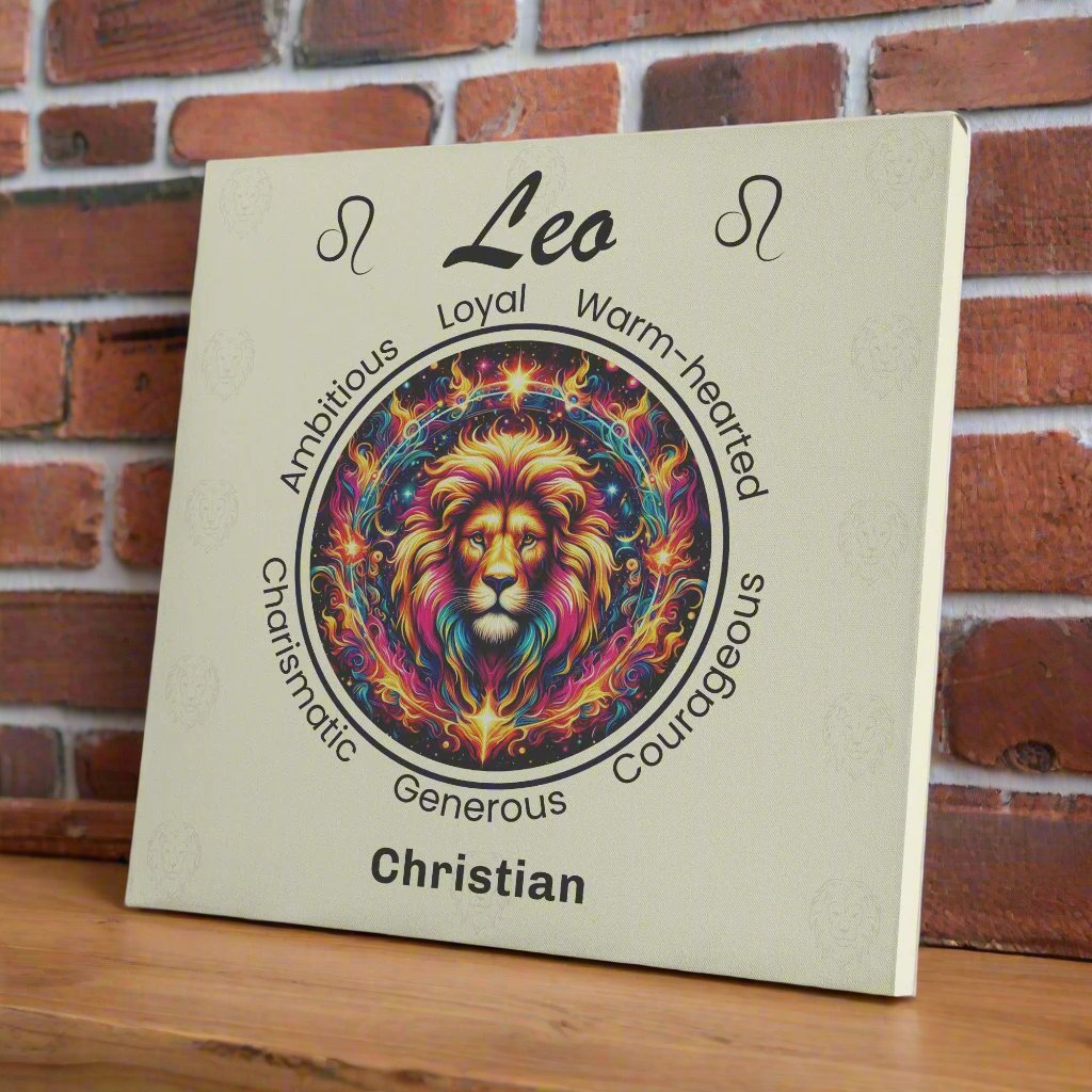 Leo in flames personalized canvas print on wooden shelf with reddish brick wall mister obtuse eclectic goods