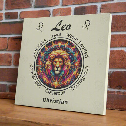 Leo in flames personalized canvas print on wooden shelf with reddish brick wall mister obtuse eclectic goods