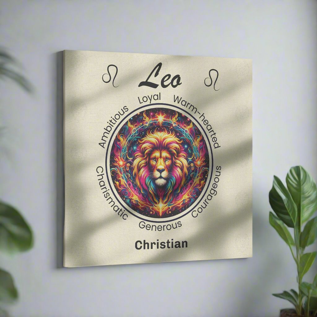 Leo In Flames Personalized Square Canvas Wrap on wall with plants mister obtuse eclectic goods