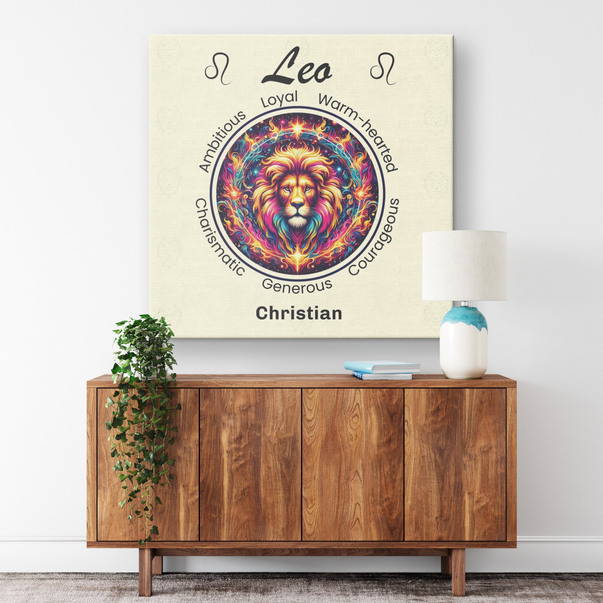 Leo In Flames Personalized Square Canvas Wrap on wall above cabinet mister obtuse eclectic goods