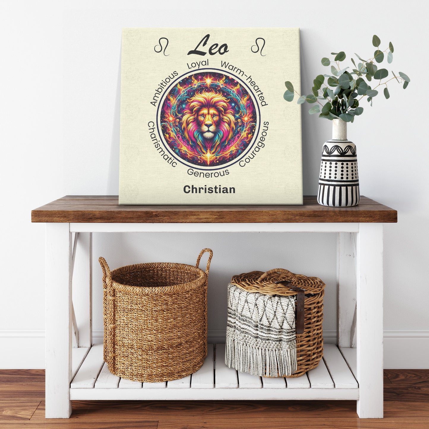 Leo In Flames Personalized Square Canvas Wrap on shelf with plant mister obtuse eclectic goods