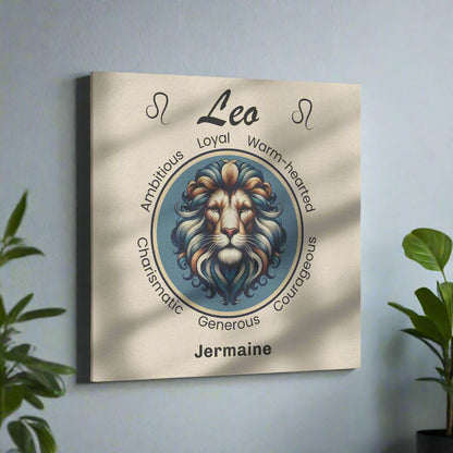 Leo Royalty Cream Personalized Square Canvas Wrap on wall surrounded by plants mister obtuse eclectic goods