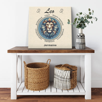 Leo Royalty Cream Personalized Square Canvas Wrap on shelf with plant mister obtuse eclectic goods