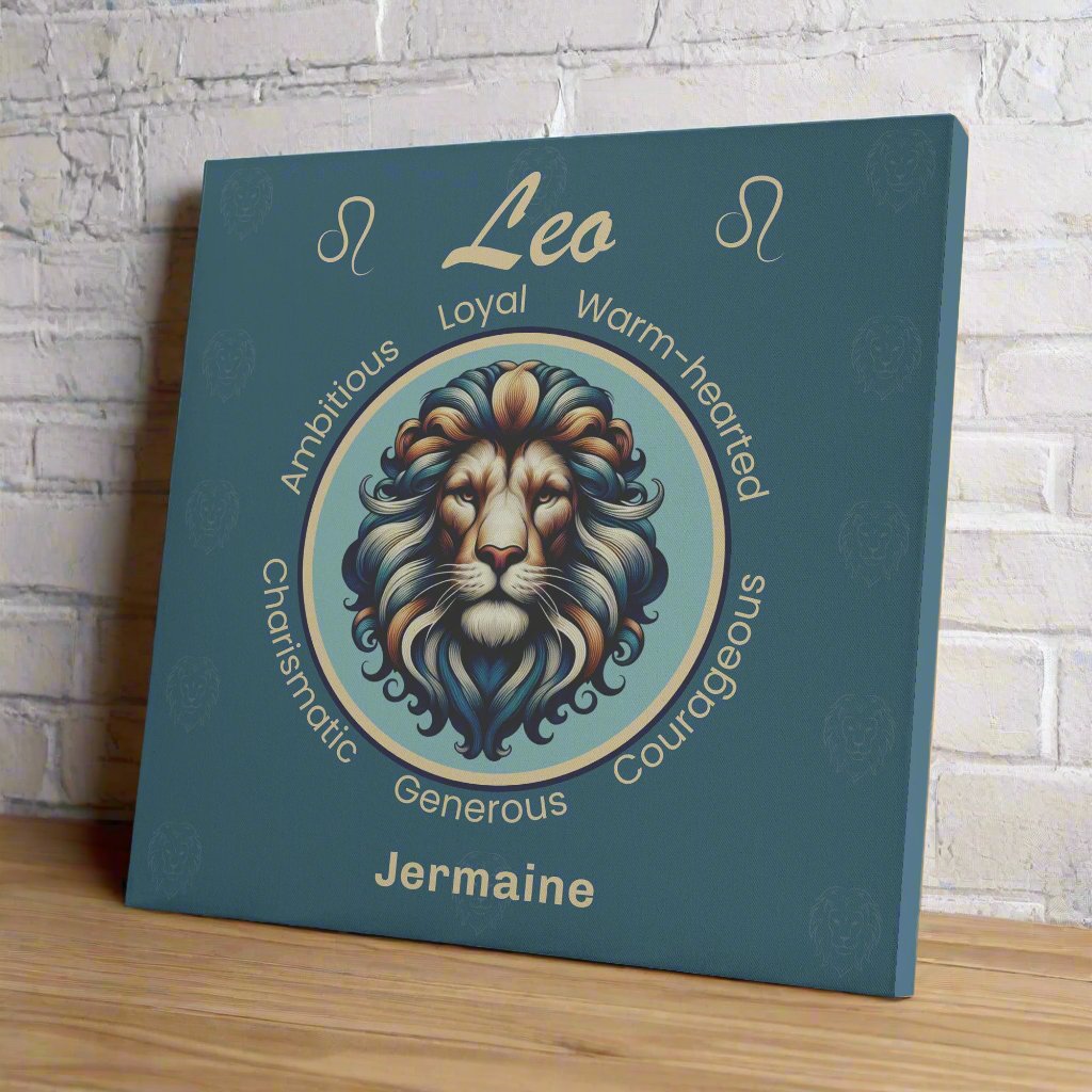 Leo Royalty dark blue Personalized Square Canvas Wrap on wooden shelf with white brick wall mister obtuse eclectic goods