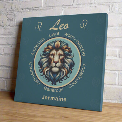 Leo Royalty dark blue Personalized Square Canvas Wrap on wooden shelf with white brick wall mister obtuse eclectic goods