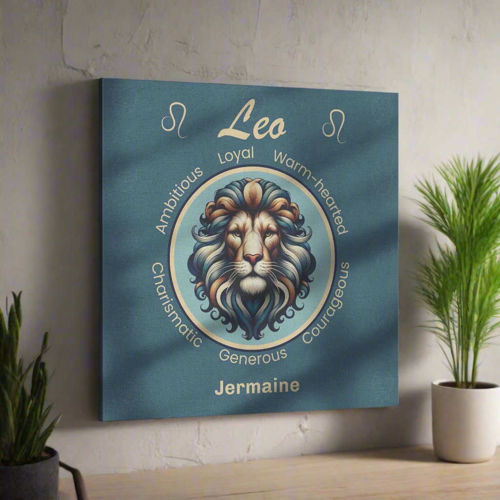 Leo Royalty dark blue Personalized Square Canvas Wrap on wall with shelf and plants mister obtuse eclectic goods