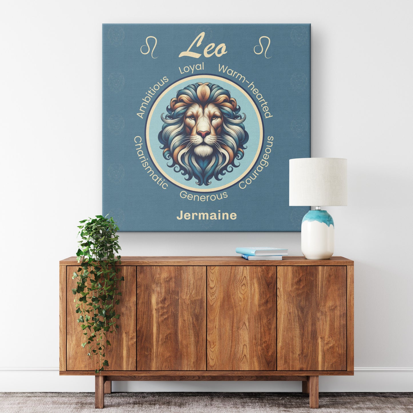 Leo Royalty dark blue Personalized Square Canvas Wrap on wall above cabinet mister obtuse eclectic goods
