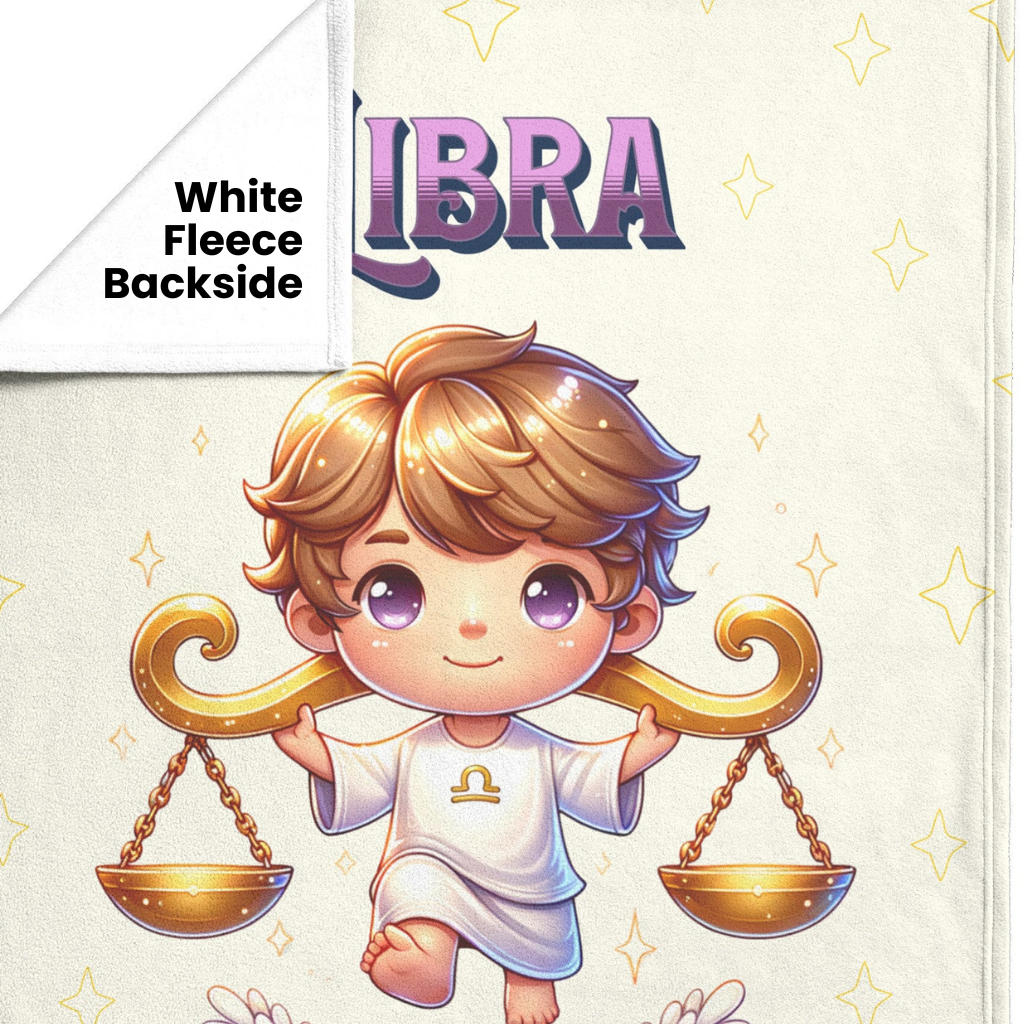 Libra Boy Fleece or sherpa blanket showing white fleece backside mister obtuse eclectic goods