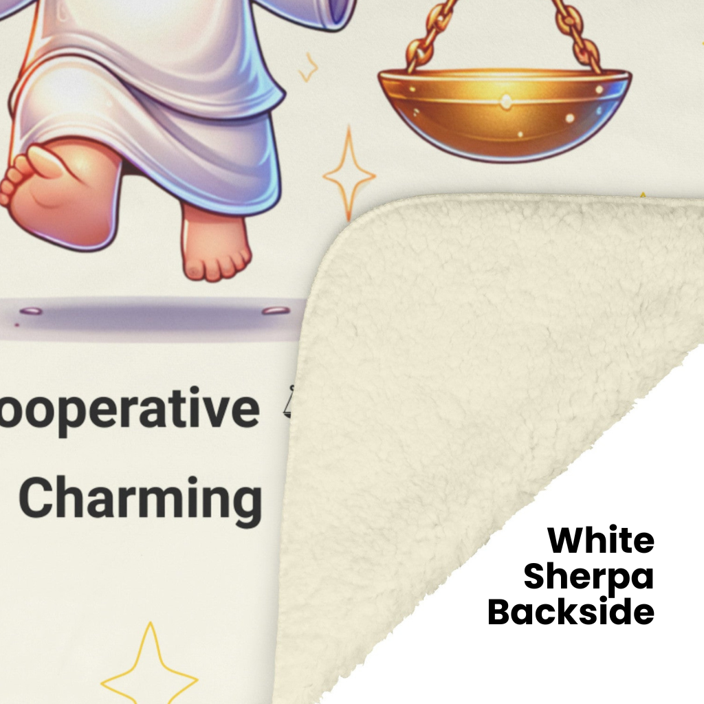 Libra Boy Fleece or sherpa blanket showing white sherpa backside mister obtuse eclectic goods